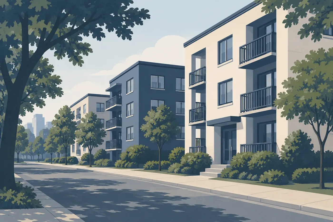 Stylized decorative illustration of a small-town street with houses and trees