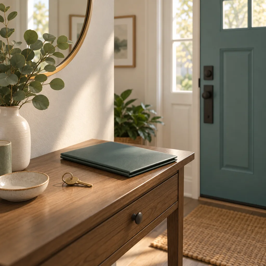 Set of house keys and a lease folder resting on a small table beside an open front door